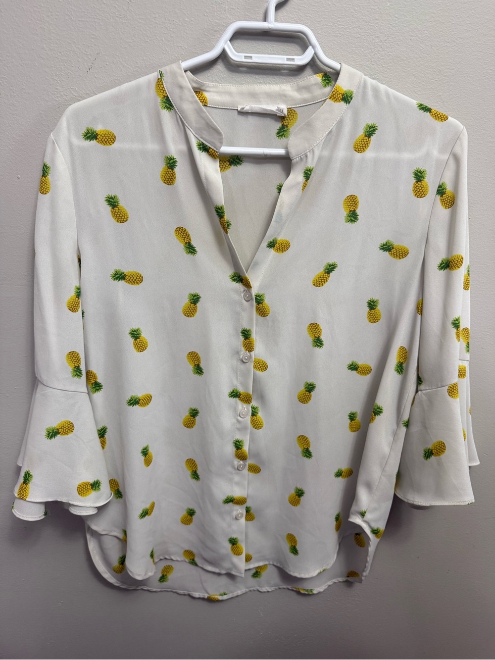 Lush White Button-Down Blouse with Yellow Pineapple Print Womens Small